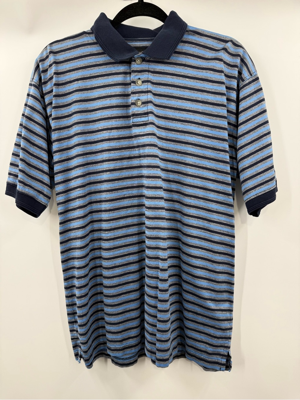 Lynx Men's Blue Navy White Striped Polo Shirt Size M 2 Ply Mercerized Cotton